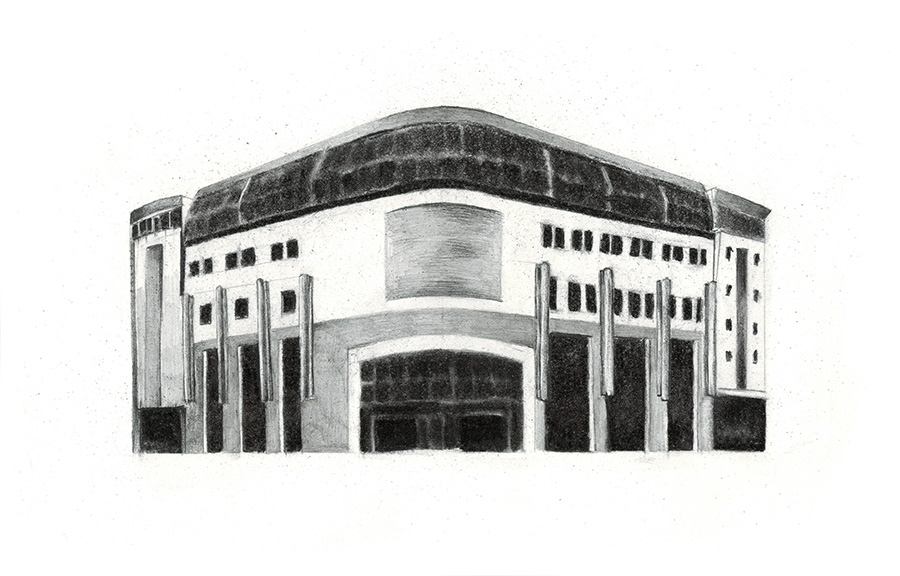 Post-Palace, Kupiec Poznanski Study of shopping mall. Drawing, charcoal and lead pencil on paper, 18 x 29 cm, May 2016.