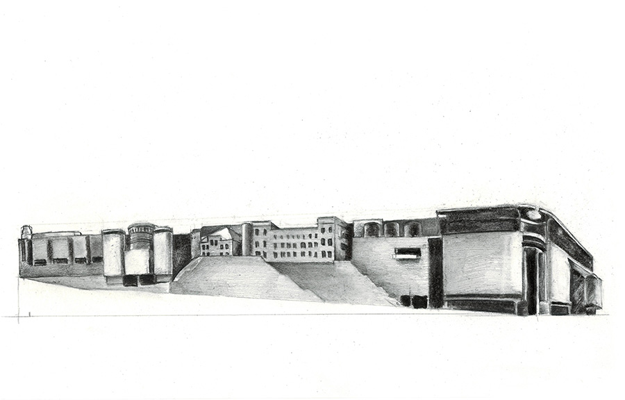 Post-Palace, Stary Browar Study of shopping mall. Drawing, charcoal and lead pencil on paper, 18 x 29 cm, May 2016.